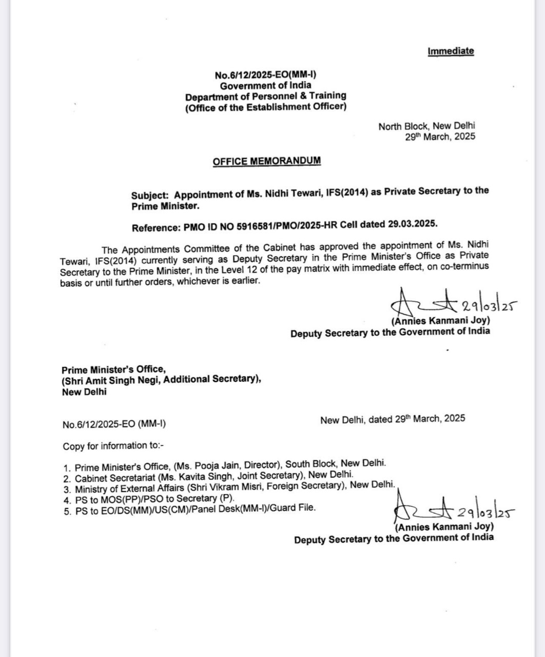 IFS Nidhi Tewari Appointment Letter